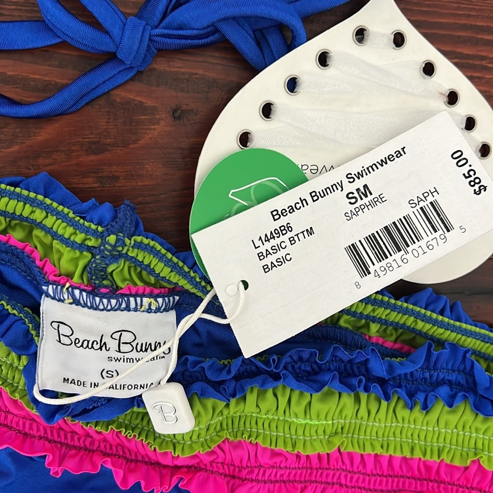 Adorable Blue with Green and Pink Ruffles Bikini Gold Hardware NWT S - Picture 6 of 12